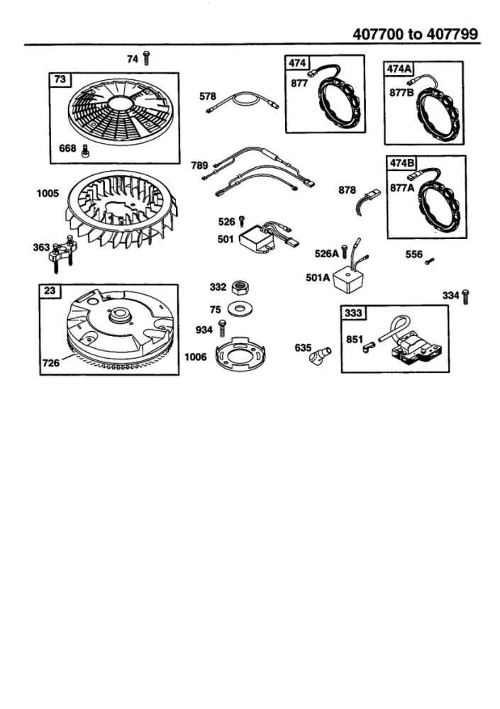 Armature And Flywheel Diagram and Parts List for 407700-407799 0122-0124-0128 Briggs and Stratton Engine